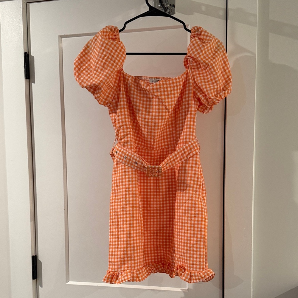 Fashion Nova Orange Gingham Puff Sleeve Mini Dress